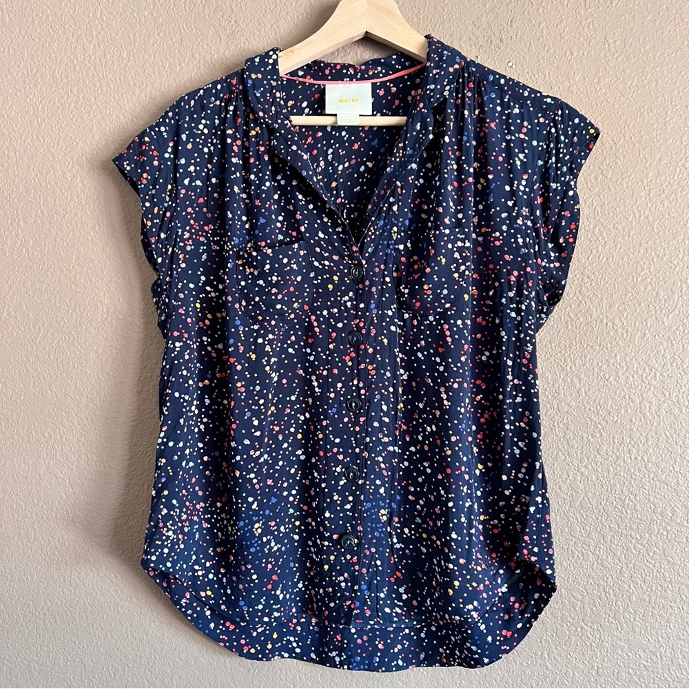 Anthropologie Maeve Navy Button Up Blouse with Colorful Speckles Size X-Small